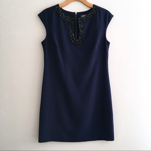 Vince Camuto Navy Sheath Dress Sz 10 - Black bead - Picture 1 of 8
